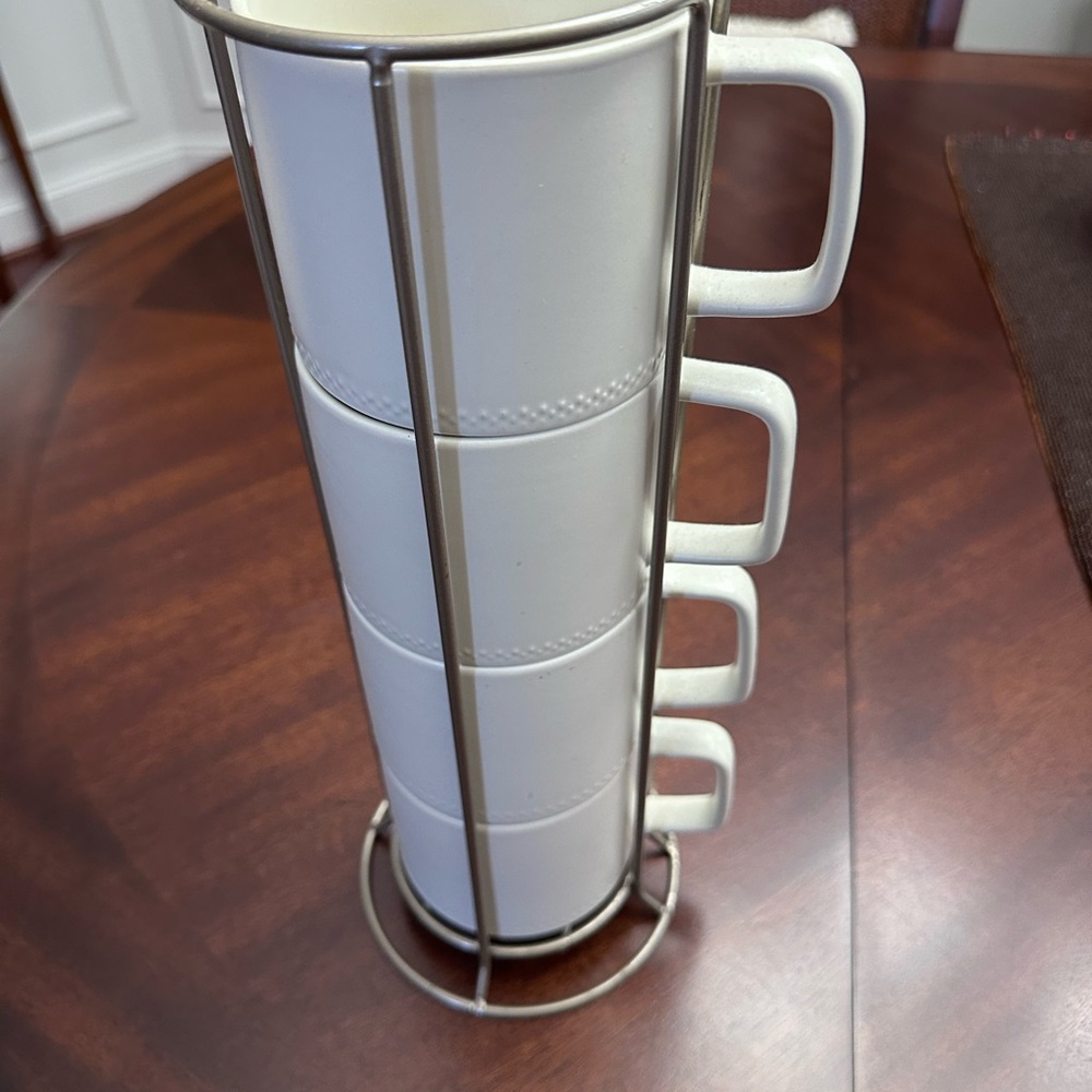 Beautiful Home 4 Cream Stackable Coffee Mugs Set with Gold Stand Drew Barrymore